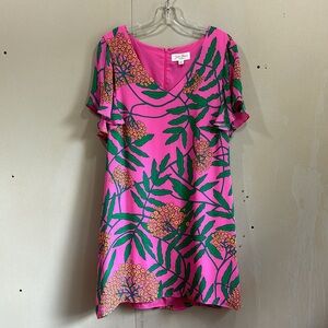 Julie Brown Pink/Green/Orange Silk Floral Flutter Sleeve Dress Size 12